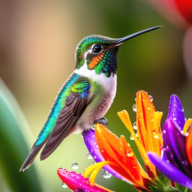 PSD a hummingbird sits on a flower with colorful flowers