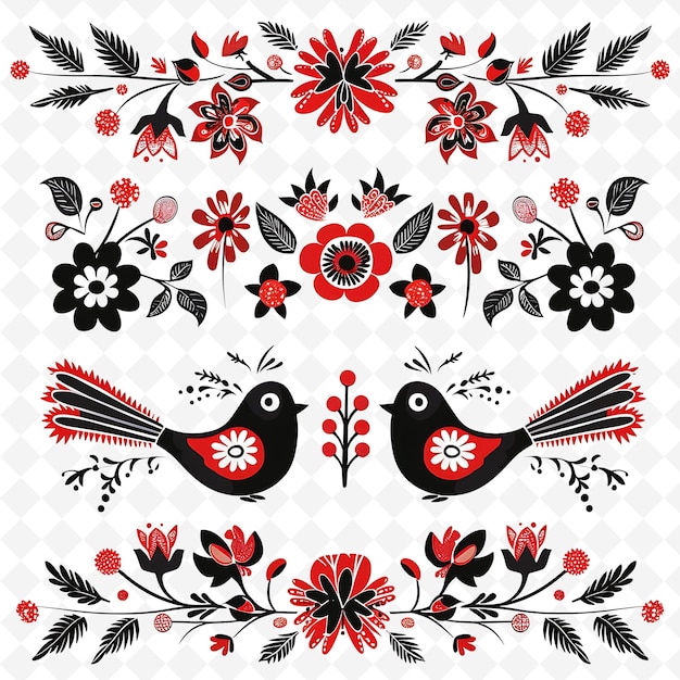 Hungarian Matyo Borderlines Design With Floral and Bird Deco PNG Unique Stylized Motifs Designs