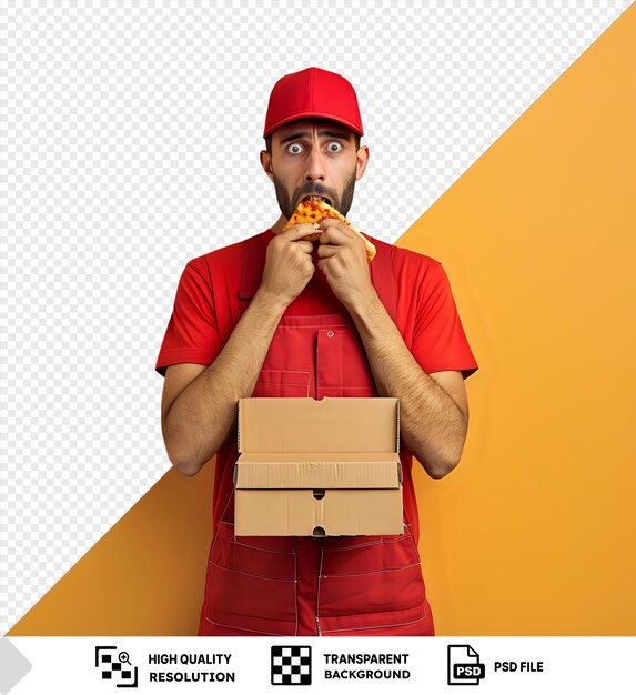 PSD hungry delivery man eating pizza with a surprised expression against an isolated yellow background