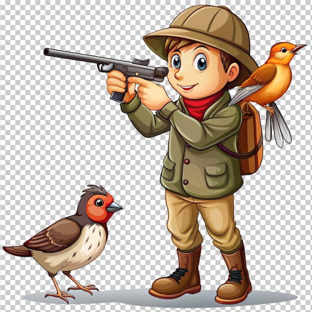 hunter looking at a bird cartoon on transparent background