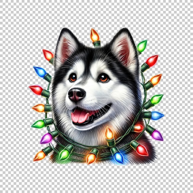 Husky dog with Christmas lights isolated on transparent background