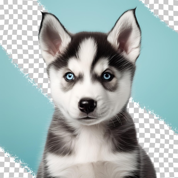 a husky puppy with blue eyes and a black nose.