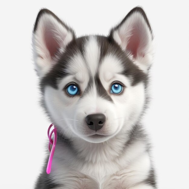 PSD a husky puppy with a pink ribbon around its neck