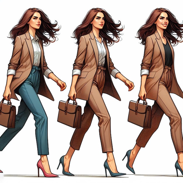 PSD hyper realistic vector art trendy young female girl businesswoman walking isolated on white backdrop