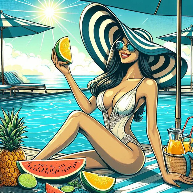 PSD hyper realistic vector art trendy young female girl pool sunbathing melon isolated on white backdrop