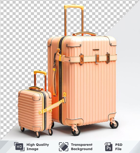 PSD hyperealistic highquality transparent psd suitcases with brown and orange handles and black wheels