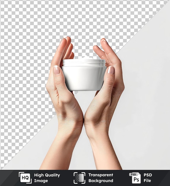 PSD hyperealistic skin and hands holding a coffee cup on transparent background with isolated