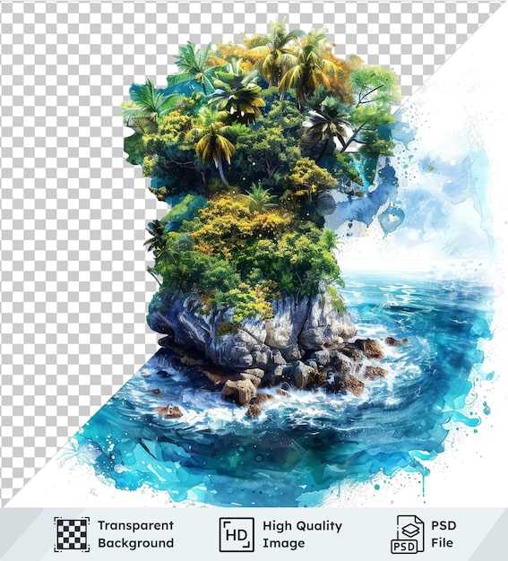 PSD hyperealistic tropical island watercolor with rock water and tree