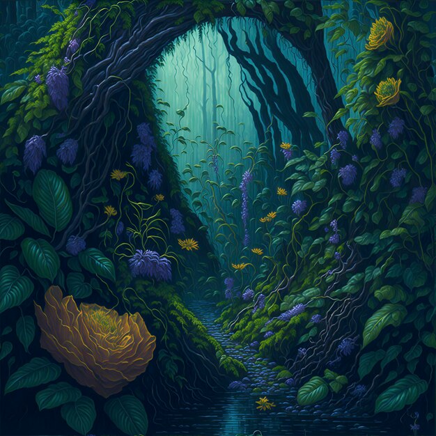 A hyperrealistic painting of a faerie garden with rich colors