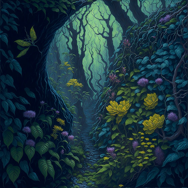 A hyperrealistic painting of a faerie garden with rich colors