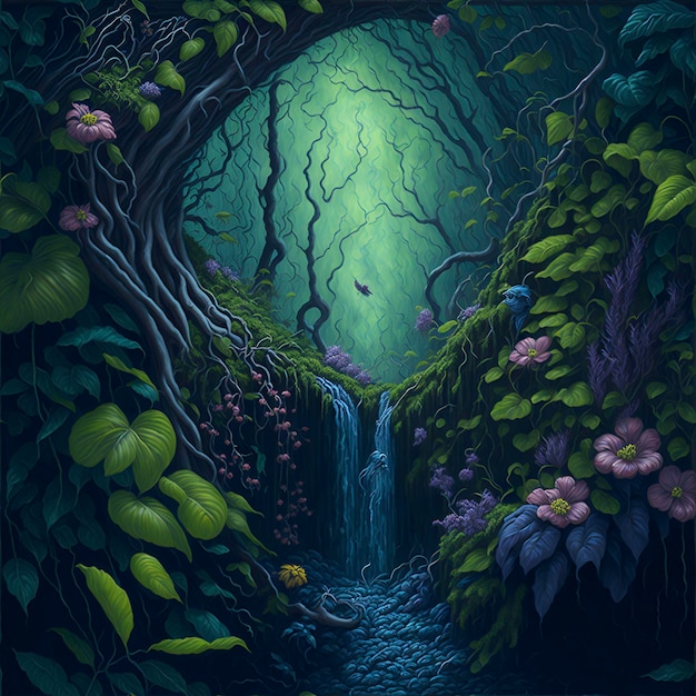 A hyperrealistic painting of a faerie garden with rich colors