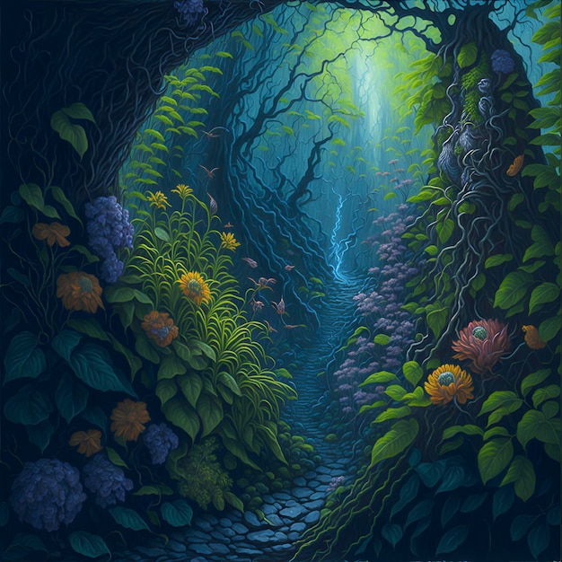 PSD a hyperrealistic painting of a faerie garden with rich colors