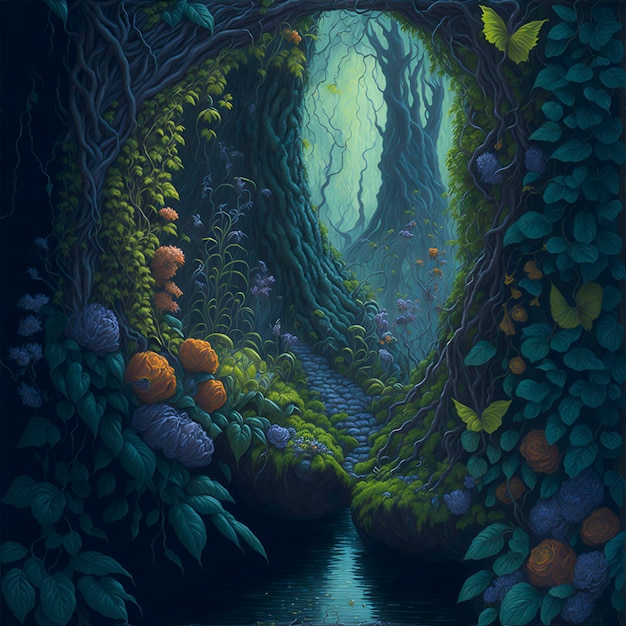 A hyperrealistic painting of a faerie garden with rich colors