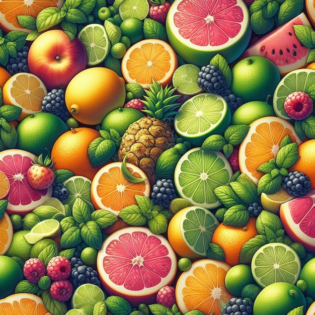 PSD hyperrealistic seamless tropical fruity green yellow red lemon limes fruit texture pattern fabric