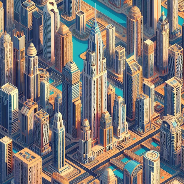 hyperrealistic vector illustration skyline flat design megacity in the sunset skyscraper wallpaper