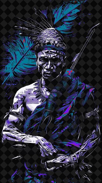 PSD iban warrior portrait with traditional clothing and sarong h png illustration character designs