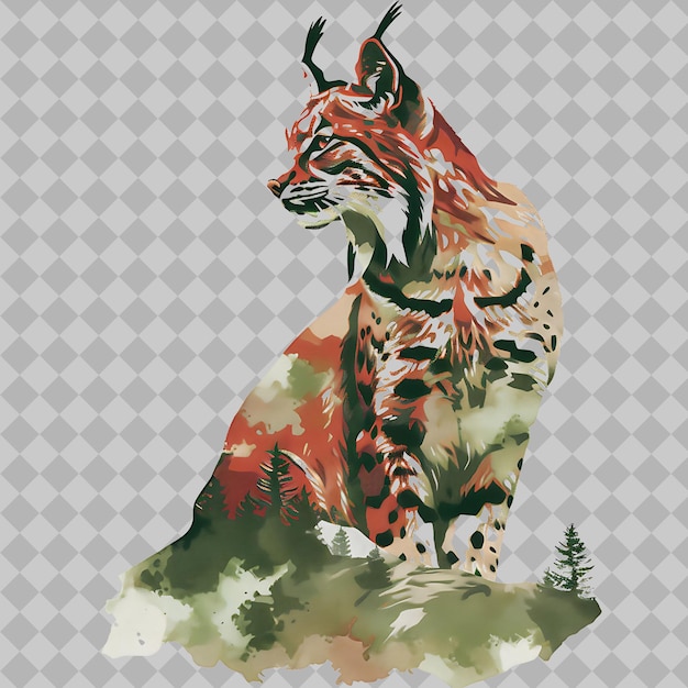 PSD iberian lynx animal inside a silhouette rectangle rock adorn png watercolor wild life collections