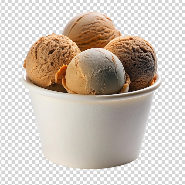 PSD ice cream balls in paper cup in white bowl isolated white background