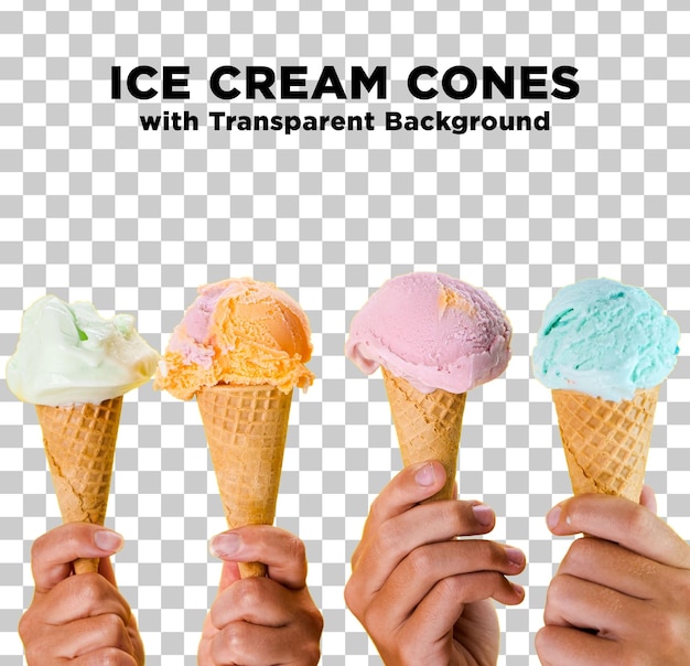 Ice Cream Cones in Hands Photo PSD with Transparent Background