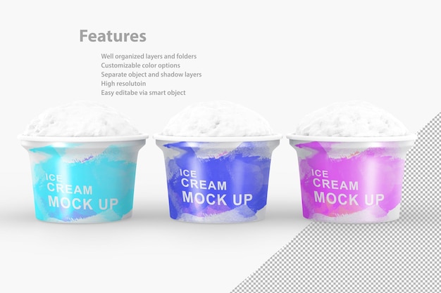 Ice cream scoops in cups 3d render Realistic set of plastic or paper buckets food containers isolated on white background Watercolor packaging design for cold summer milk dessert with various taste