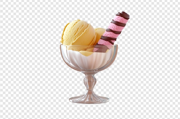 PSD ice cream scoops with chocolate sticks in a glass bowl isolated on a transparent background