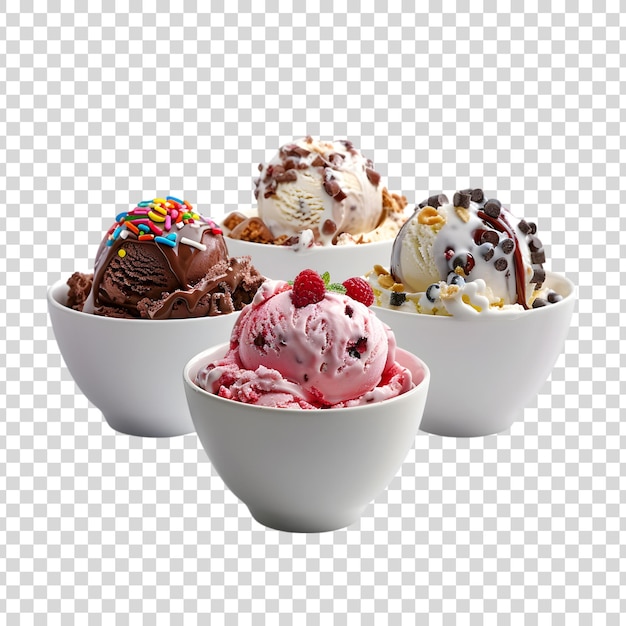 PSD ice cream scoops with toppings in white bowls on a transparent background