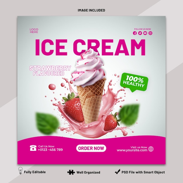 Ice Cream Strawberry Social Media Post Template