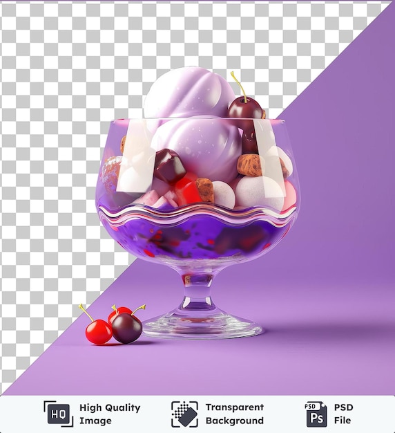 ice cream sundae in a glass on a purple background