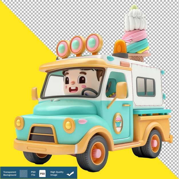 PSD ice cream truck driver cartoon 3d transparent background png psd