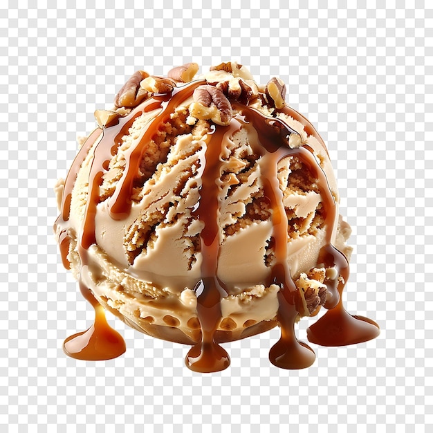 Ice cream with caramel sauce and ground nuts on a transparent background