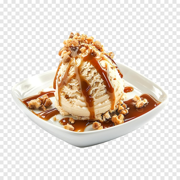 Ice cream with caramel sauce and ground nuts on a transparent background