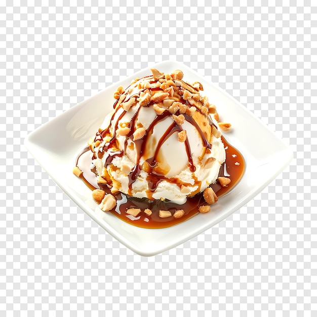 Ice cream with caramel sauce and ground nuts on a transparent background