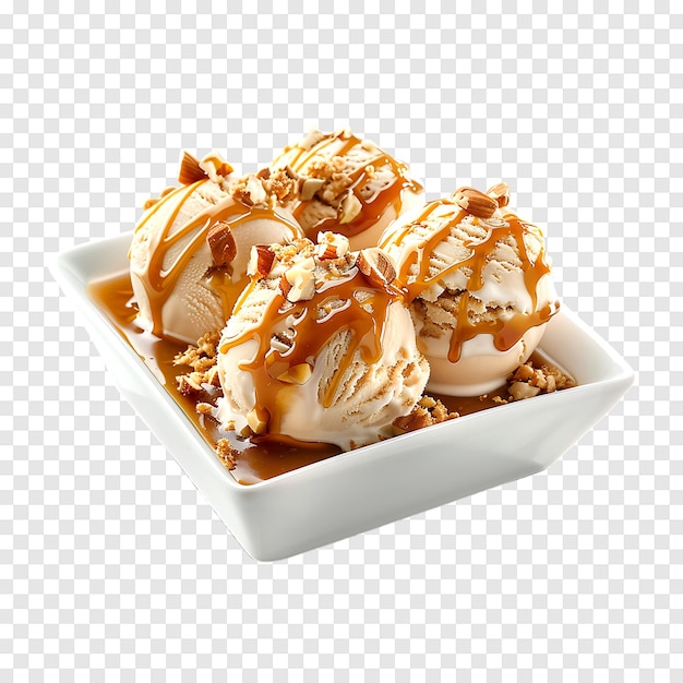 Ice cream with caramel sauce and ground nuts on a transparent background