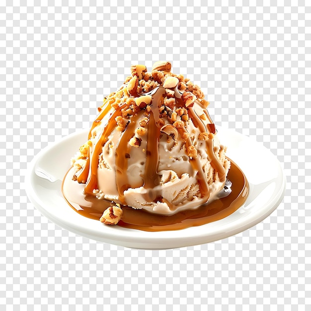 PSD ice cream with caramel sauce and ground nuts on a transparent background