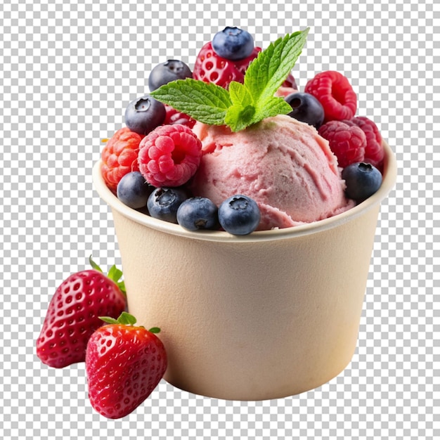 PSD ice cream with fresh berries in paper cup street transparent background