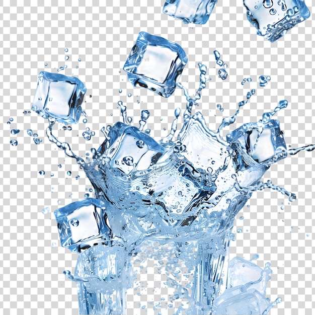 Ice cubes splashing into water isolated on a transparent background