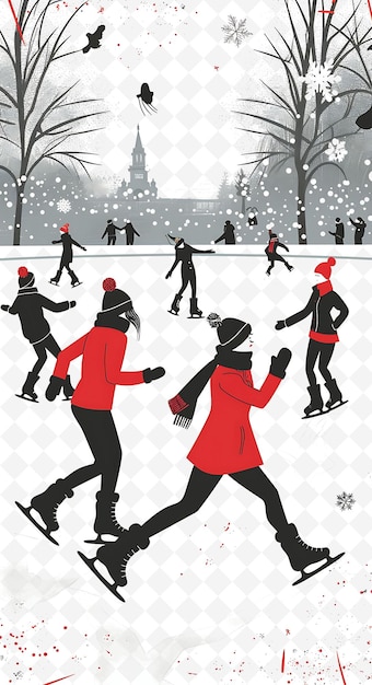 PSD ice skating rink setting with skaters and figure skaters for flat illustration poster design