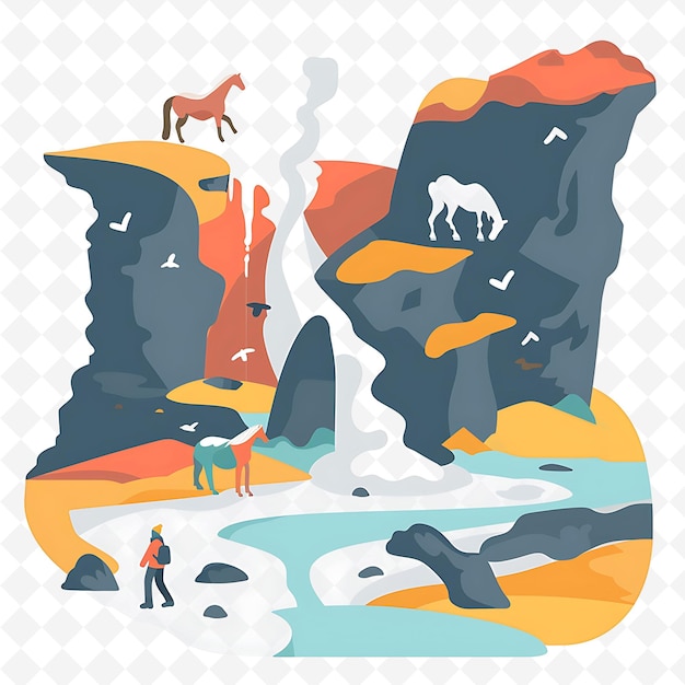 Icelandic Characters Exploring Geysers Design Is Natural and Illustration Cutural Landscape View