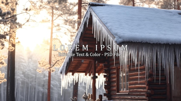 PSD icicles hang from the roof of a log house in a forest ai generated