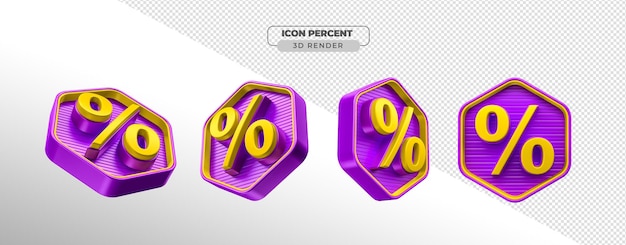 Icon percent 3d render realistic purple and yellow