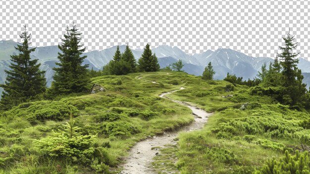 Idyllic mountain path through vibrant meadow and pine trees isolated on transparent background