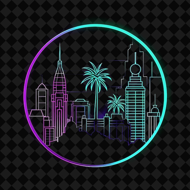 PSD illuminated neon manila skyline in a silhouette circle lands png y2k monoline cityscape collage art