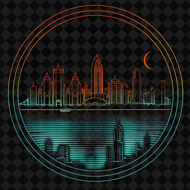 PSD illuminated neon mumbai coastline in a silhouette circle lan png y2k monoline cityscape collage art