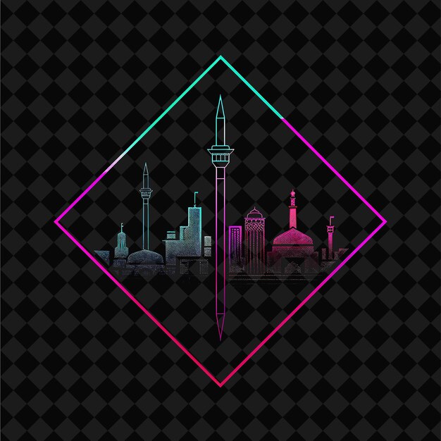 PSD illuminating neon tehran cityscape inside a diamond silhouet png y2k monoline cityscape collage art