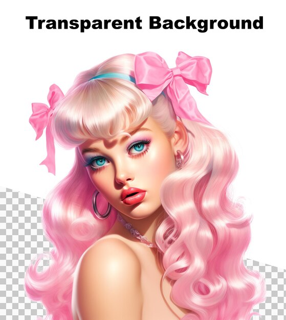 PSD an illustration of a barbie style pink hair girl on transparent background