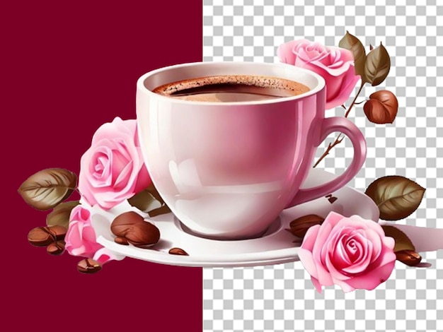 Illustration of beautiful cozy cup of coffee with pink flowers