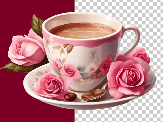 Illustration of beautiful cozy cup of coffee with pink flowers