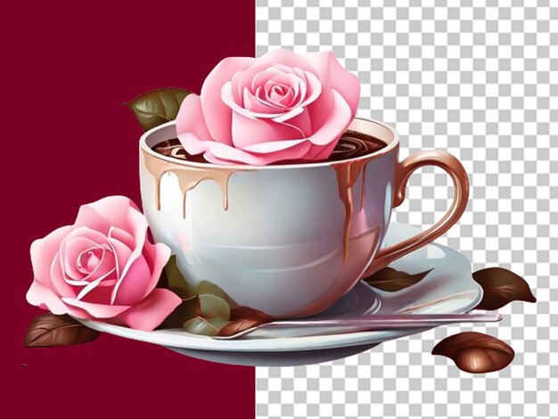 PSD illustration of beautiful cozy cup of coffee with pink flowers