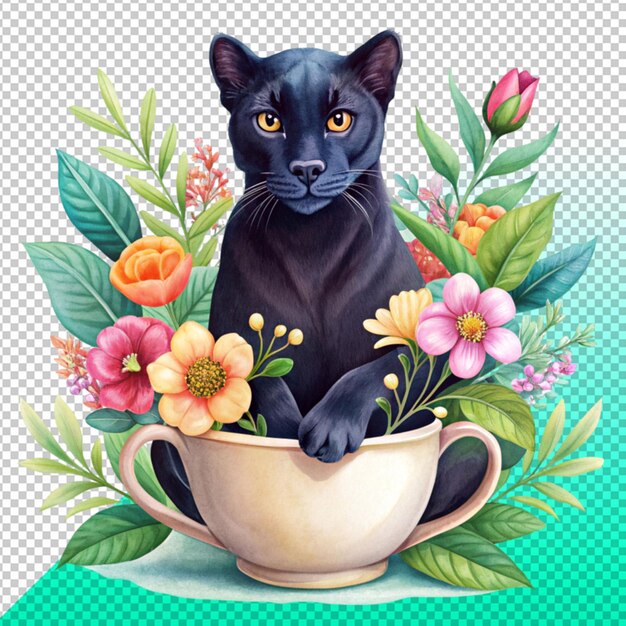 PSD illustration of a black panther sitting in a cup on transperent background