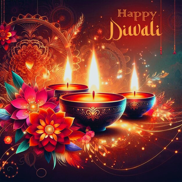 Illustration of burning diya on happy diwali background image